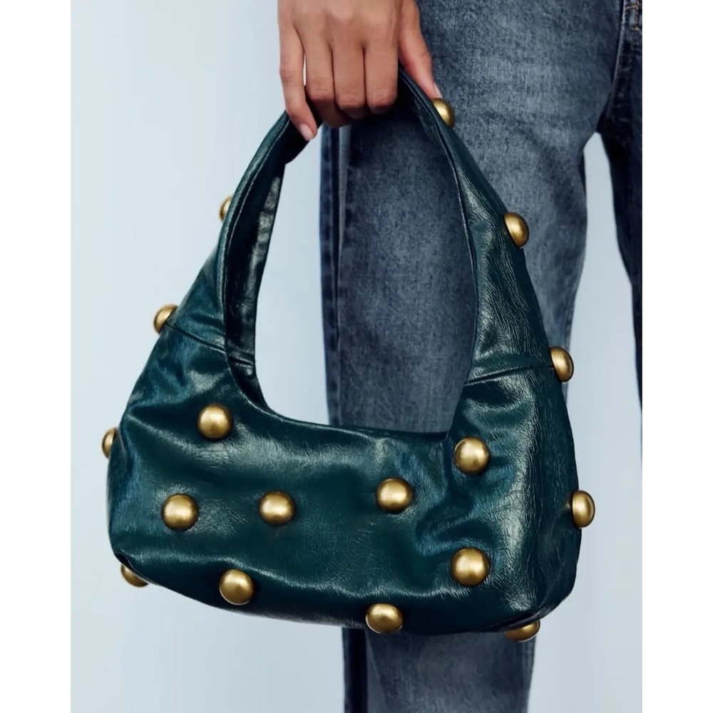 ZARA Forest Green Studded Shoulder Bag Gold Tone Studs Never Used